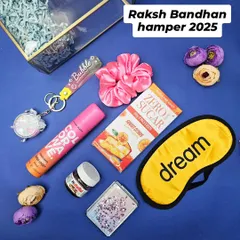 A budget-friendly Raksha Bandhan hamper packed with fun and thoughtful items like a custom eye mask, keychain, and sweet treats to make her feel special.