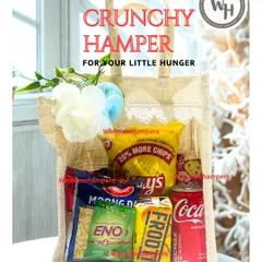 The "Crunchy Hamper" is designed for your little hunger pangs. This jute bag is packed with Lay's chips, Moong Dal, Frooti, and Coca-Cola for a fun and casual treat.