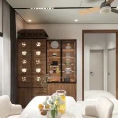 This render shows a bespoke pooja unit seamlessly integrated next to a glass-fronted crockery cabinet, blending sacred space with dining room functionality.