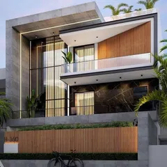 This 3D render showcases a high-end villa design, combining large glass panels, black marble, and concrete textures. The cantilevered balcony and vertical wood slats add to the ultra-modern aesthetic.