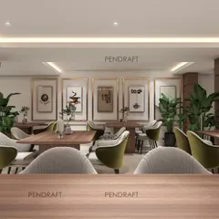 Another view of the proposed restaurant design, highlighting the custom wall art and comfortable seating. The combination of wood-paneled columns and indoor plants creates a warm and natural atmosphere.