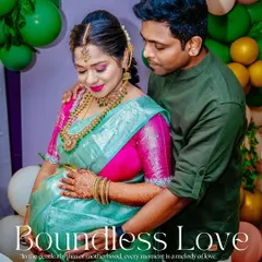 During a vibrant baby shower celebration, we focus on the couple's connection. Dressed in beautiful traditional wear, their gentle embrace speaks of boundless love and shared excitement for their growing family.