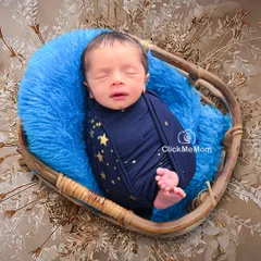 A beautiful portrait of a baby boy in a navy blue swaddle with gold stars, resting in a rustic basket against a backdrop of delicate dried flowers.