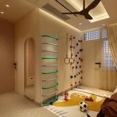 A fun and safe play area is integrated into the room's design, featuring a climbing wall and monkey bars to encourage active play.