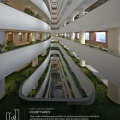 This view showcases the verticality of the green spaces within the Surat Diamond Bourse. The courtyards are not confined to the ground floor but are integrated into the building's structure, promoting cross-ventilation and creating a connection with nature at every level.