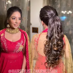 A beautiful high ponytail with cascading curls, perfect for a reception or engagement party. This collage shows the style from the front and back, highlighting its glamour.