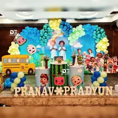 Another view of the Cocomelon twin party, showcasing the vibrant colors and fun character placements that make the theme so popular with toddlers.