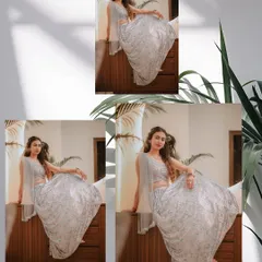 A stylish collage of a bridesmaid or friend in an elegant silver lehenga. These portraits capture the beauty and style of the wedding guests.