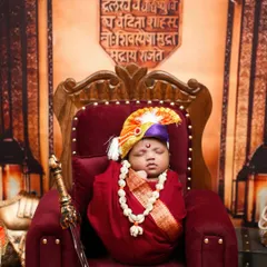 The legacy begins here. A close-up of our newborn Shivaji Maharaj setup, showing the intricate details of the costume and the 'Rajmudra' in the background, creating a powerful and historic portrait.