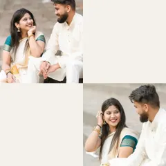 A collection of close-up, candid moments from the Banganga shoot. These images focus on the sweet glances and happy smiles shared between the couple, highlighting their genuine connection in a traditional setting.