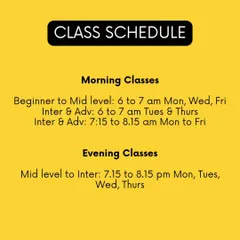 My class schedule for May, with options for different levels in the morning and evening. Find a time that works for you.