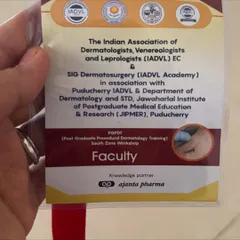 My faculty badge from the IADVL (Indian Association of Dermatologists, Venereologists and Leprologists) workshop. Being part of the faculty allows me to contribute to the growth and skill of our medical community.