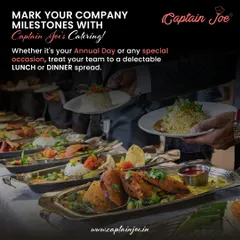 A glimpse of a delectable spread for a company's Annual Day celebration. Our buffet setups are designed to impress, featuring a wide variety of dishes presented in professional chafing dishes to keep the food perfect for your team.