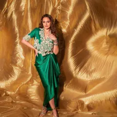For the 'Heeramandi' promotions, we styled Sonakshi Sinha in this regal green draped ensemble by Anamika Khanna. The look, complete with intricate embroidery and traditional jewelry, was designed to reflect the grandeur of the series.