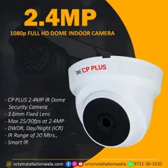 This is a 2.4MP 1080p Full HD indoor dome camera from CP Plus. It features a 3.6mm fixed lens and an IR range of 20 meters, providing crystal clear images day and night, making it perfect for homes and offices.