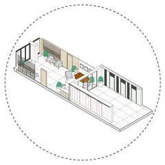 A detailed axonometric drawing focusing on the entrance and waiting lounge, showing the furniture arrangement and flow of the space.