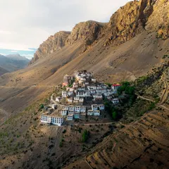 The Key Monastery in Spiti, perched on a hill like a crown. I used my drone to capture this iconic structure during the golden hour, highlighting its ancient architecture against the rugged mountain landscape.