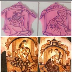 See my process for creating deity figures. The top panel shows the initial sketches of Radha and Krishna, and the bottom panel shows the final, detailed mehndi application.