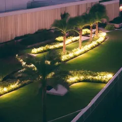 An aerial view of a beautifully lit garden at night. We use low-level lighting along the curved plant beds to create a soft glow, highlighting the shape of the landscape and making it safe to walk through after dark.