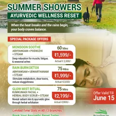 As the summer heat gives way to early rains, your body craves balance. Our Summer Showers wellness packages, including Monsoon Soothe and Rain Burn Detox, are designed to relieve muscle fatigue, clear toxins, and help you reset for the new season.