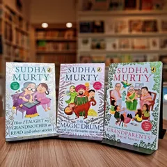 A selection of Sudha Murty's most popular books, including 'How I Taught my Grandmother to Read' and 'Grandparents' Bag of Stories'.
