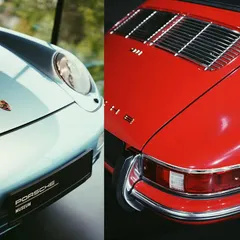 A tale of two Porsches. I contrasted the modern curves of a silver Porsche 911 with the classic rear design of a vintage red model, showing the evolution of an iconic brand.