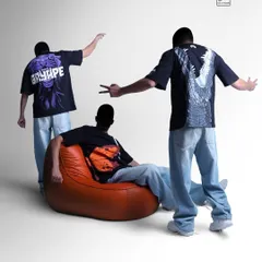 Another composition from the invisible fashion series, this time showing the models interacting with each other and a prop, creating a dynamic scene that highlights the brand's t-shirt designs.