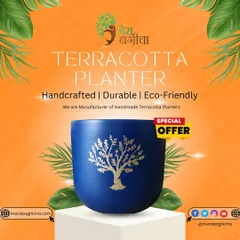 This beautiful blue terracotta planter with a golden tree design is one of our special articles. It's handcrafted, durable, and eco-friendly, making it a great choice for home decor or corporate gifting.