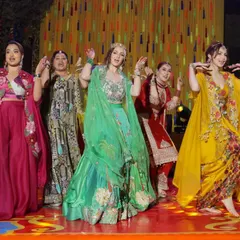 The bride and her bridesmaids owning the stage. I love creating powerful and coordinated routines for the bride tribe that are full of energy and attitude.