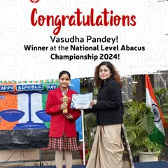We congratulate Vasudha Pandey of Grade 6 for winning the National Level Abacus Championship. Her achievement, recognized at a grand ceremony at IIT Delhi, is a proud moment for our school community.