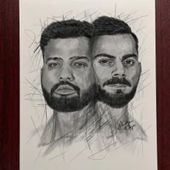 A creative composition featuring Rohit Sharma and Virat Kohli. This piece demonstrates how to blend two portraits into a single, dynamic sketch.