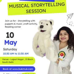 An announcement for one of my musical storytelling sessions in South Delhi. These events are designed for younger children, aged 4 to 7, and feature puppets, music, and a hands-on craft activity to keep them engaged.