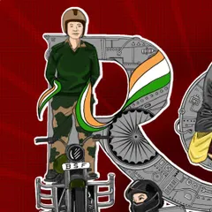 A close up detail of the BSF woman rider integrated into the letter 'R', highlighting the Indian flag motif and the clean digital line work.