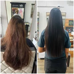 From frizzy and dry to smooth and silky. This before and after image showcases the incredible results of a professional hair smoothening treatment.