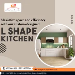 A custom-designed L-shape kitchen that maximizes space and efficiency. The two-tone cabinetry in white and wood finish, paired with a green backsplash, creates a fresh and modern look.