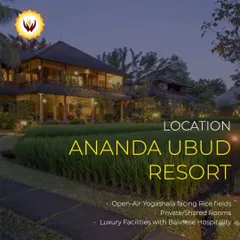 This is the tranquil setting for our Bali Yoga Teacher Training, the Ananda Ubud Resort. Imagine practicing in an open-air yogashala facing lush rice fields, with luxury facilities and warm Balinese hospitality creating the perfect environment for deep learning and self-discovery.