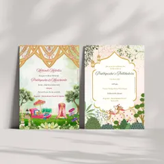 A showcase of two distinct styles for Prathyusha and Manikanta's wedding. One card captures the vibrant energy of "Mehendi Melodies," while the other uses traditional Pichwai art for the "Pellikuthuru" ceremony, showing how we can tailor designs for each event.