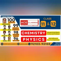 A banner celebrating the latest results for our Class 11 and 12 Science students, highlighting top scores in Chemistry and Physics. Our experienced faculty, like Mayank Sir (M.Pharm) and Amit Sir (Physics), guide students to success.