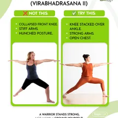 Warrior II (Virabhadrasana II) is a powerful pose, but only with the right foundation. This guide contrasts a collapsed posture with a strong one, emphasizing a knee stacked over the ankle and an open chest. A warrior stands strong, and we teach you how to ground yourself in the pose.