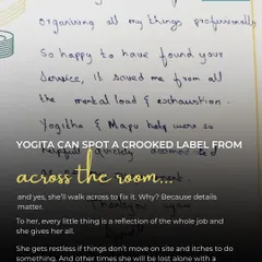 "So happy to have found your service, it saved me from all the mental load & exhaustion." This handwritten note from a client, layered over an image of our team member Yogita, highlights the real, emotional benefit of our work.