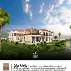 The color palette for the Spanish villa features warm browns, off-white, cream, and soft greys. We used natural stone, wooden accents, and light-painted surfaces to create a timeless and elegant atmosphere.