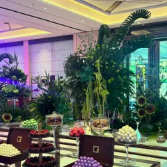 A garden of sweetness comes to life in this dessert table setup. Towering foliage arrangements with sculptural leaves serve as a dramatic backdrop for an array of colorful truffles and sweets presented in elegant glass jars and wooden boxes.