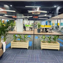This view from a waiting area looks into an open-plan office through a glass partition. Wooden planters with leafy green plants are placed along the partition, creating a natural boundary and enhancing the view for those inside and out.