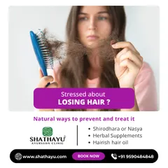 Stress is a leading cause of hair loss, and we offer natural ways to treat it. Our therapies, including Shirodhara and Nasya, are designed to calm the nervous system, while our Hairish hair oil and herbal supplements nourish the scalp from within.