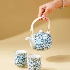 A minimalist shot of a hand holding a beautiful, hand-painted ceramic teapot. The focus on the product against a clean background highlights its delicate craftsmanship.