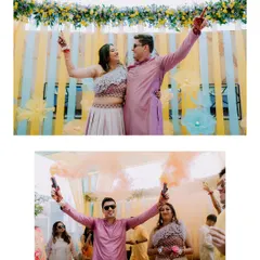 A high-energy shot of the couple using colorful smoke bombs during their Haldi celebration, adding a modern and dynamic touch to the event.