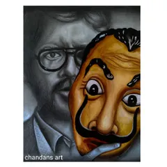 A tribute to the character 'The Professor' from Money Heist. This piece combines a graphite sketch of the character with a colored acrylic rendering of the iconic mask, showing how I can blend styles for a unique pop culture portrait.