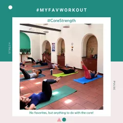 A group of us working on core exercises like the tabletop leg lift. Building a strong core is a key focus in my classes, as it supports everything from better posture to reducing back pain.