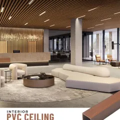 This expansive hotel lobby ceiling is finished with wood-look PVC planks. The linear pattern draws the eye and adds a sense of warmth and grandeur to the large, open space.