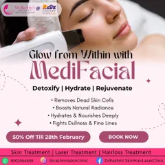 A promotional graphic for Medifacials, a treatment designed to detoxify, hydrate, and rejuvenate by removing dead skin cells and boosting natural radiance.